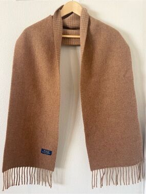 Ralph Lauren Camel Herringbone Reversible Wool Scarf with Fringe Made in Italy